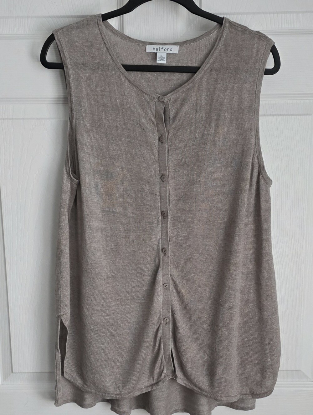 Belford 100% Linen Knit Sleeveless Button Front Top Vest Cardigan Taupe XL